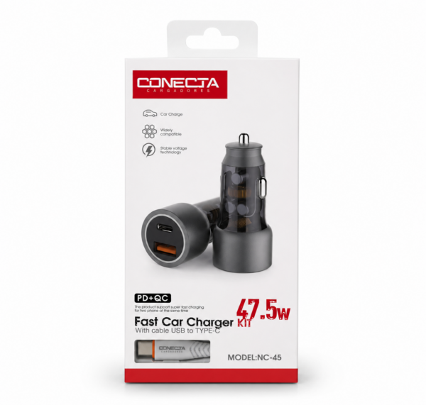 Cargador para Carro CONECTA 47.5W PD + QC | Carga Rápida USB y Tipo C