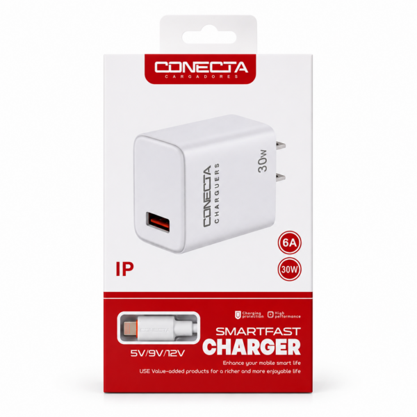 Cargador CONECTA 30W para iPhone USB-A a Lightning | Carga Rápida 30W